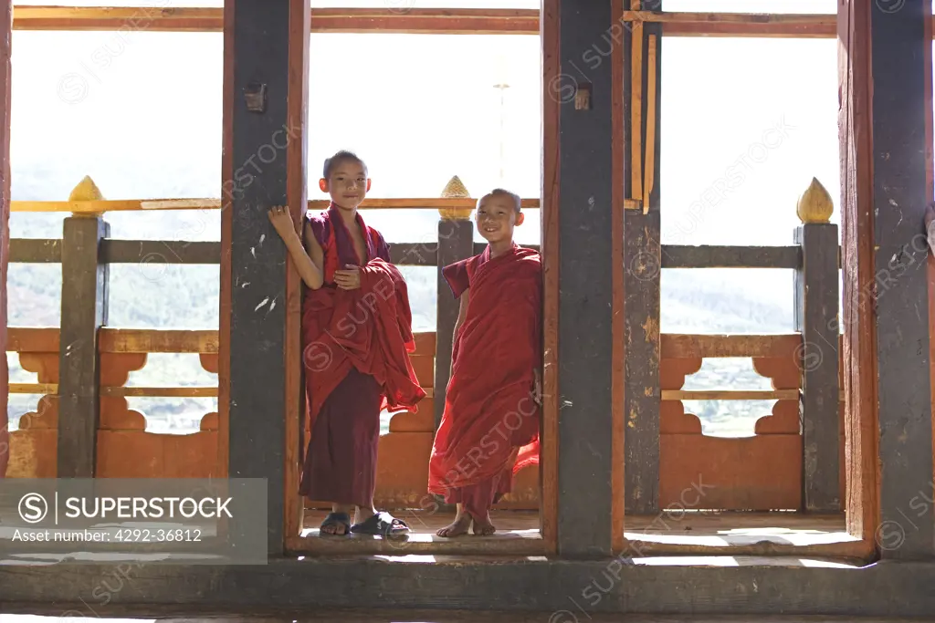 Bhutan. Paro. Paro Dzong Monastery. Little buddhist monks