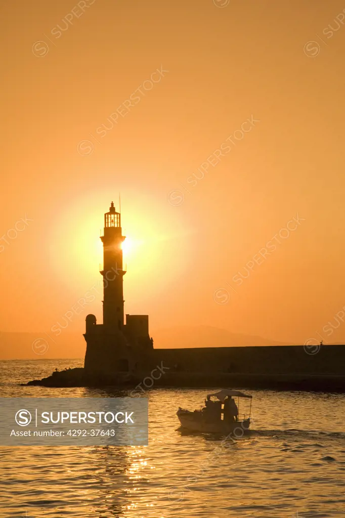 Greece, Chania, lighthouse at sunset