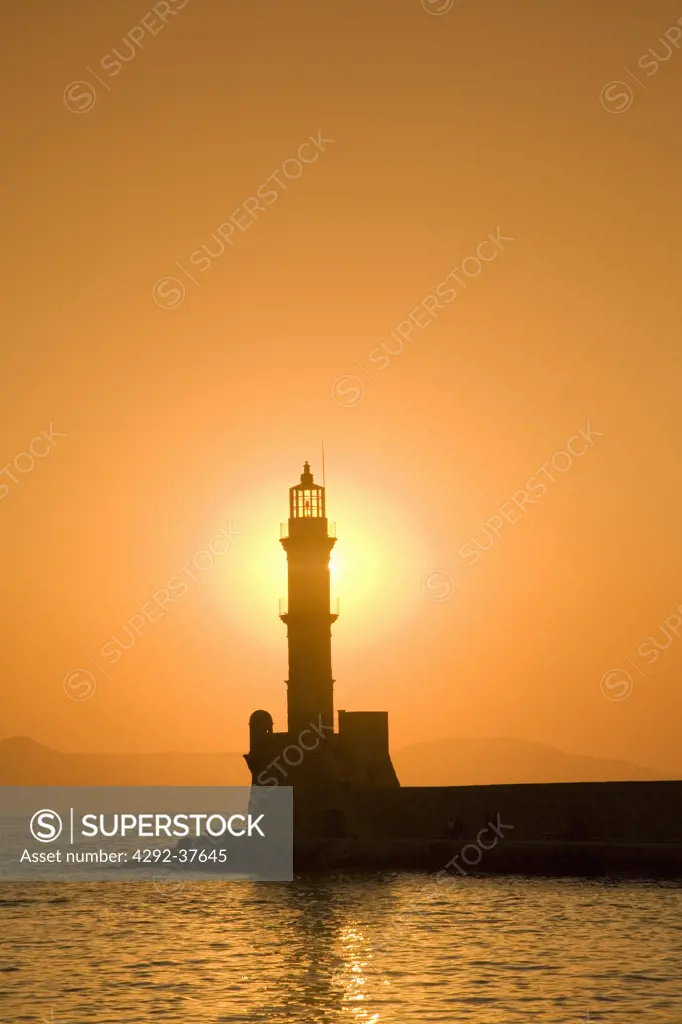 Greece, Chania, lighthouse at sunset