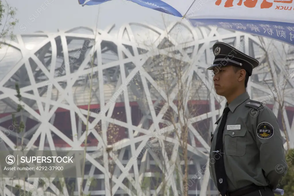 China, Beijing,The Olympic Stadium, The Bird's Nest, army soldier