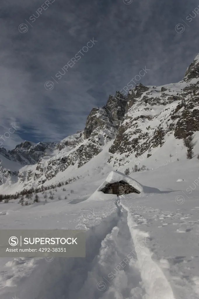 Italy, Alps, Pedimont Region, winter in Alpe Devero, Sky Tracks.