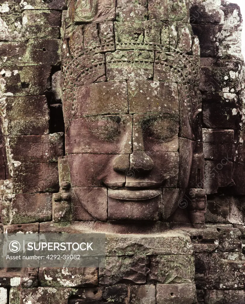 A face-tower on the upper terrace of the Bayon (late 12th centuy)Angkor, Cambodia.