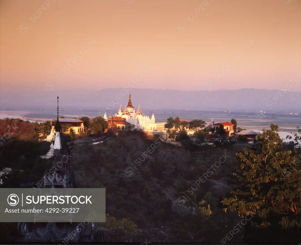 Sagaing, view of the temples on the hills along the Irawaddy river.Burma