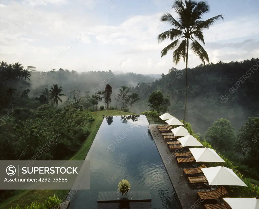 The pool of the Alila Hotel (formerly The Chedi), Ubud, overlooking the gorge of the Sayan river. Bali, Indonesia.