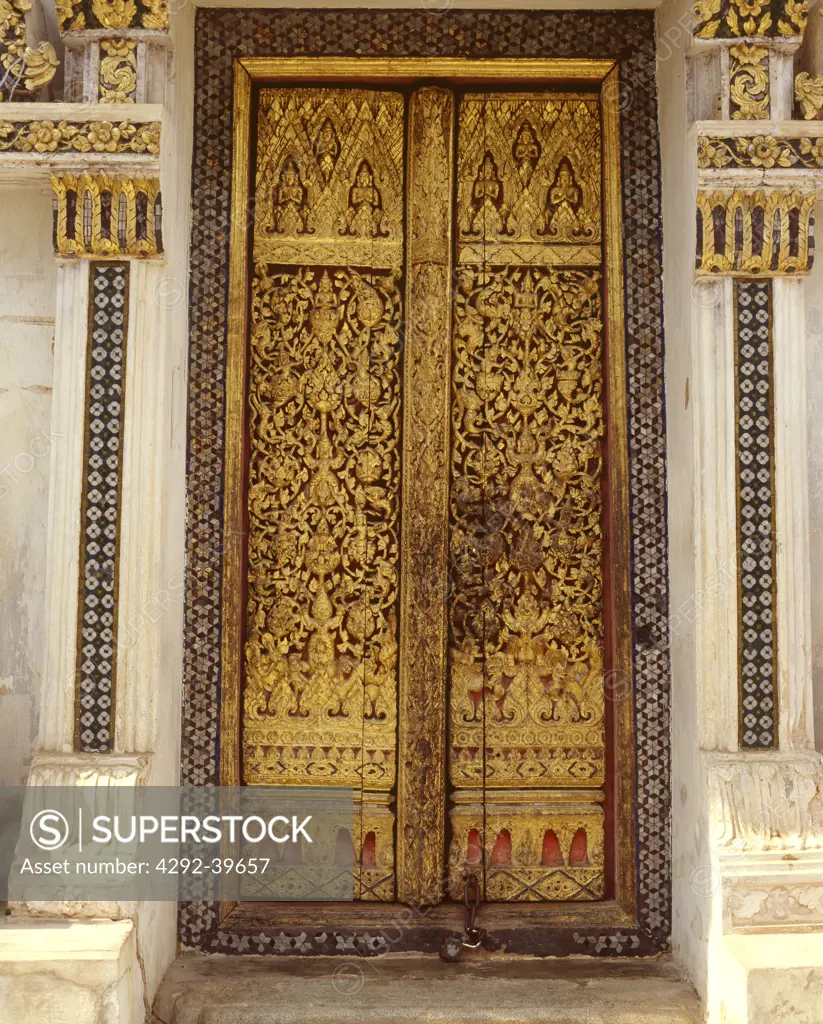 Carved door of Wat Na Phra Mane, Ayutthaya, Thailand.