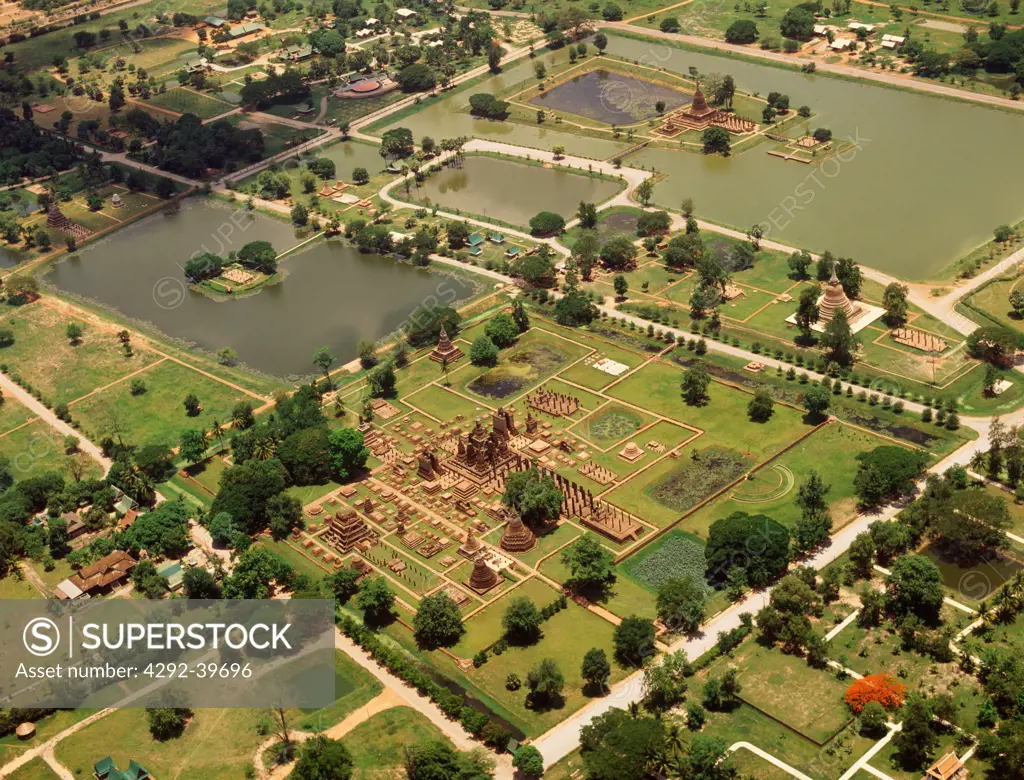 Sukhothai, aerial view of the ruins, with Wat Mahathat in the foreground. Thailand