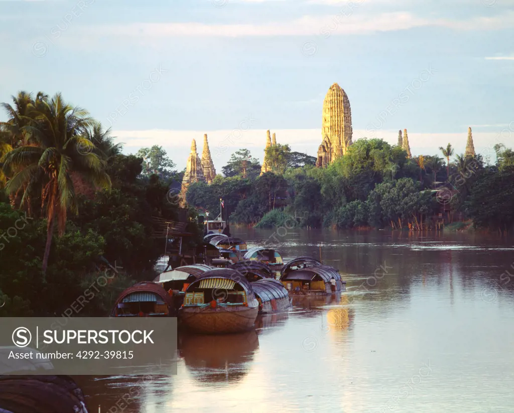 The Chaopraya river, with Wat Chai Wattanaram in the background, Ayutthya,Thailand.