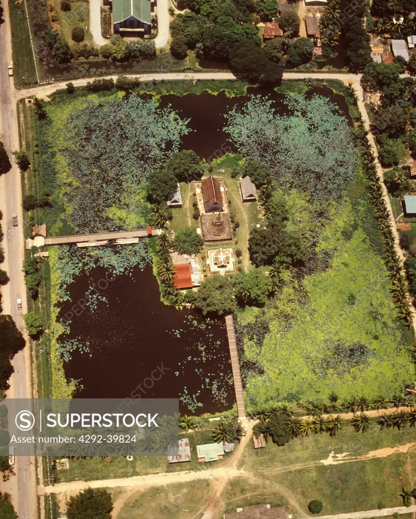 Aerial view of a temple in a pond, Sukhothai,Thailand.