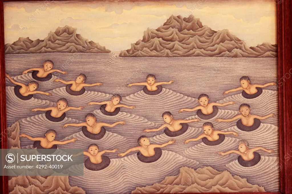 Balinese painting: ""Learning to swim"", by I Dewa Putu Mokoh, 1995. Bali, Indonesia.