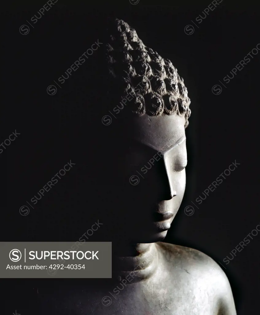 Head of a Buddha image from Wat Na Pramane, Ayutthaya, Davaravati Period, Bangkok National Museum,Thailand.