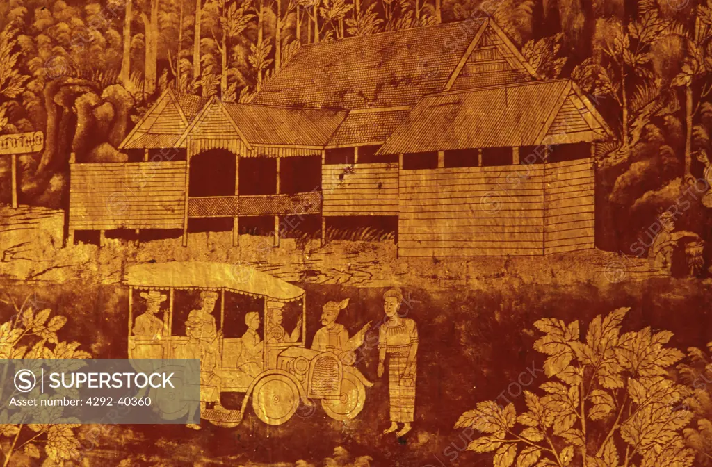 Detail of a painting on a lacquered wall in Lampang, showing western tourists in acar at the turn of the century. Thailand