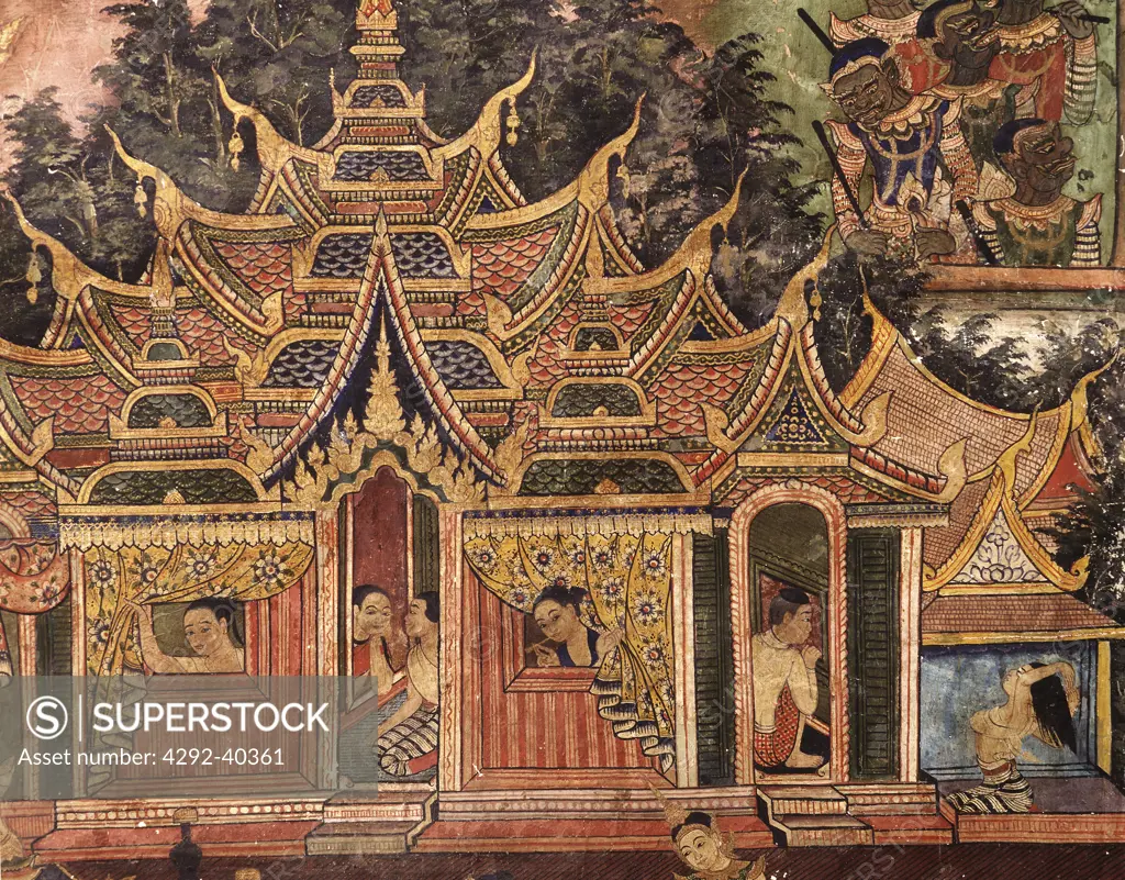 Detail of the mural paintings of Viharn Laikam in Wat Phra Singh, Chiang Mai, Thailand