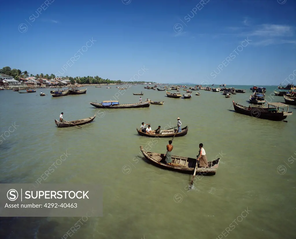 Burma, Arakan. Fishing boats in the harbour of Sitt-we
