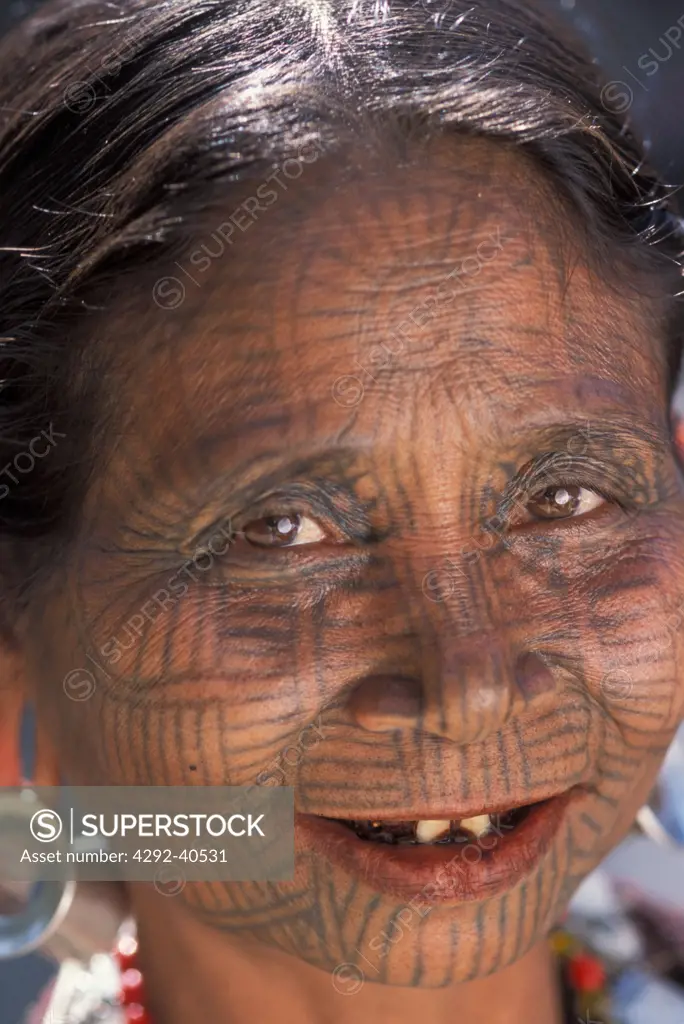 Burma, Arakan, Chin woman with spiderweb tattoo