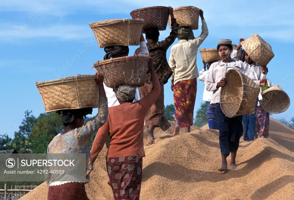 Burma, Arakan, women at a rice mill