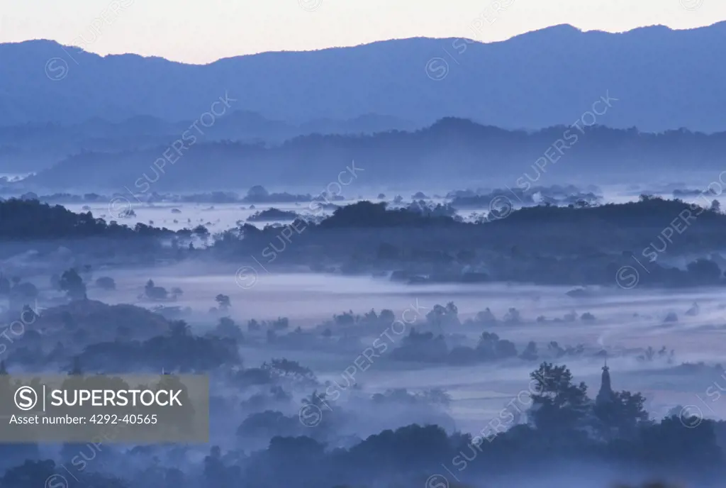 Burma, Arakan, Mrauk-U, hills in the fog