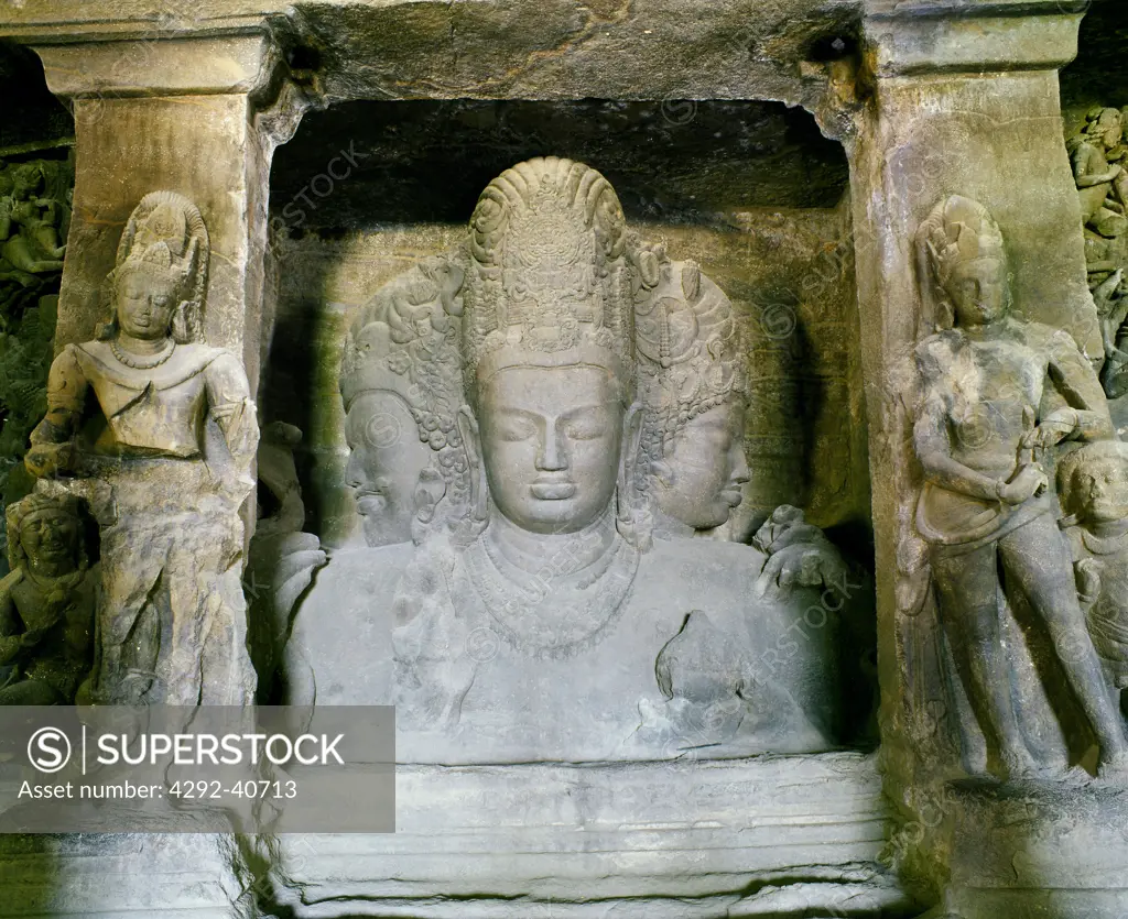 India, Mahrshtra, Mumbai (Bombay), Elephanta caves, three headed Shiva