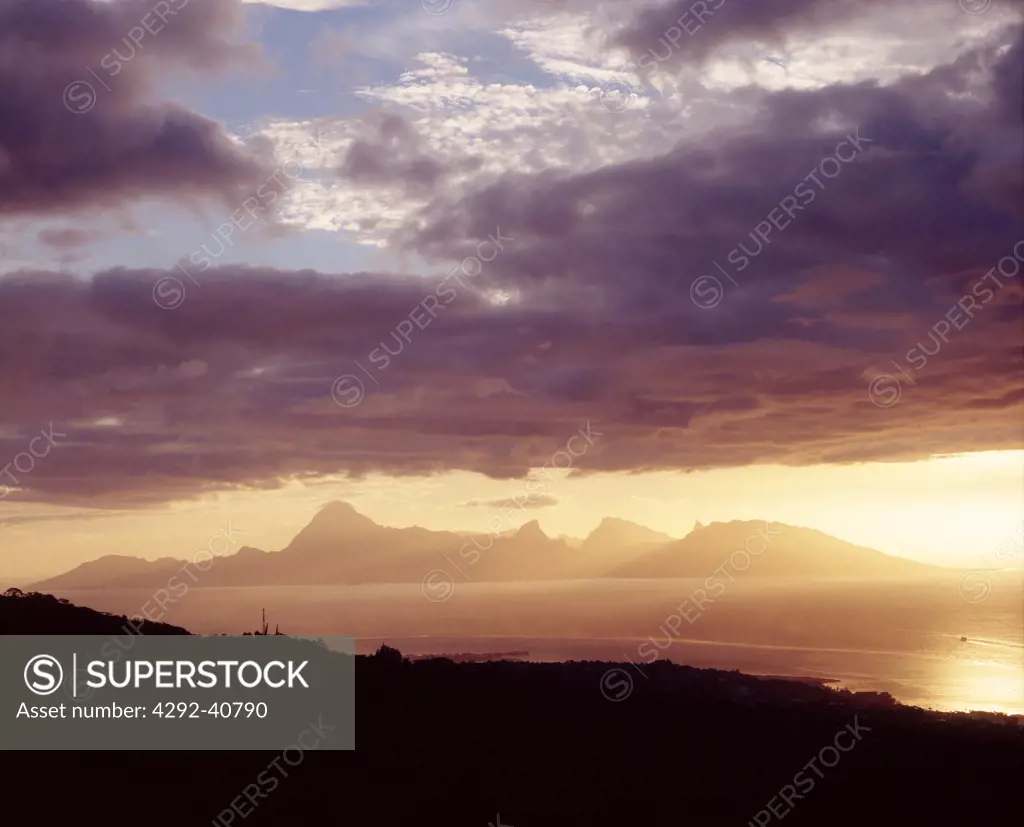 French Polynesia, view of Morea at sunset