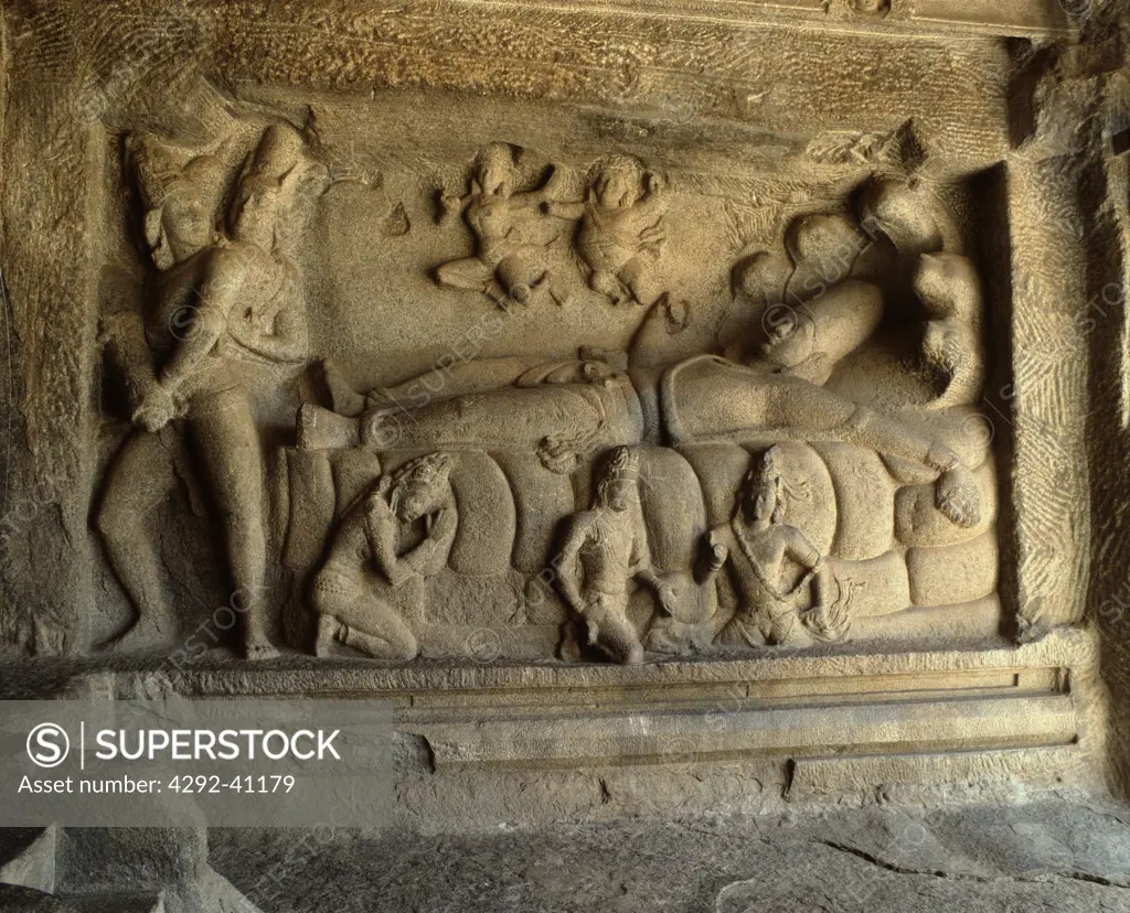 Sesasayi Vishnu, Mahishamardini cave Mamallapuram, Pallava dinasty, VII centIndia, Tamil Nadu