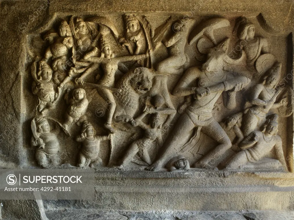 Mahishamardini cave, Pallava dinasty, VII cent, Mamallapuram, Madras, India, Mamallapuram, Tamil Nadu