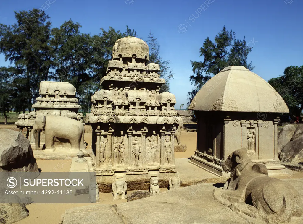 The five rathas, monolithic temples carved out stone blocks. India, Mamallapuram, Tamil Nadu