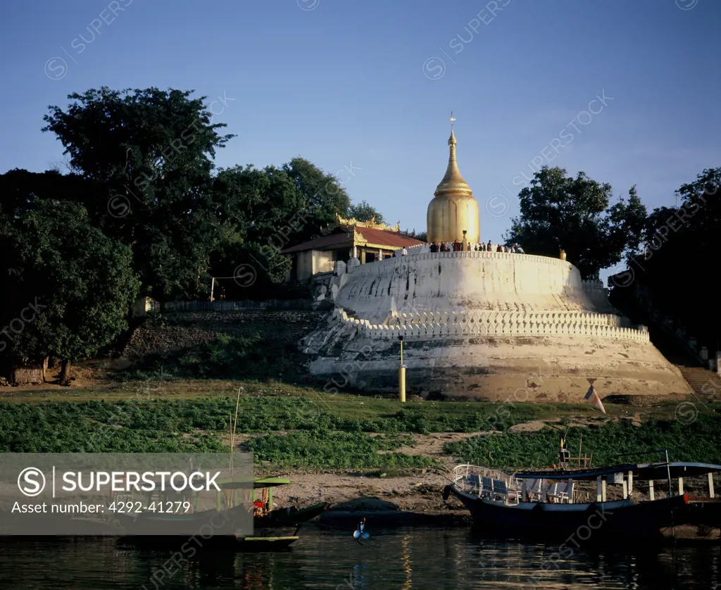 Burma, Bagan. Bupaya pagoda on the banks of the Irawaddy