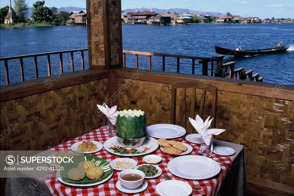 Myanmar, Inle lake, restaurant table