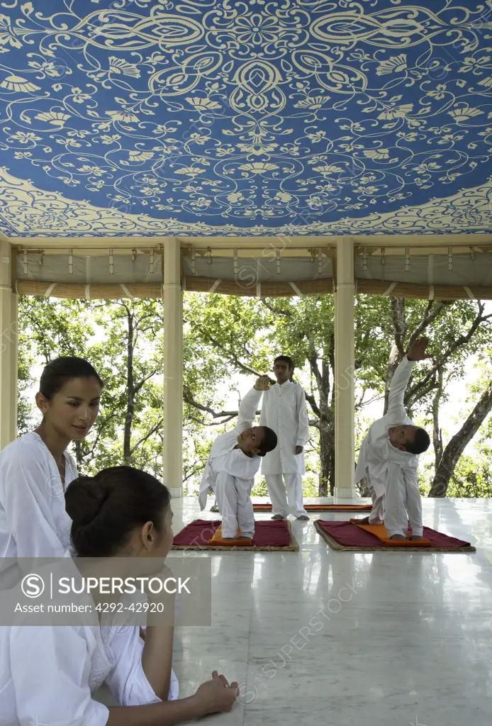 Yoga at the pavilion at Ananda in the Himalayas, India