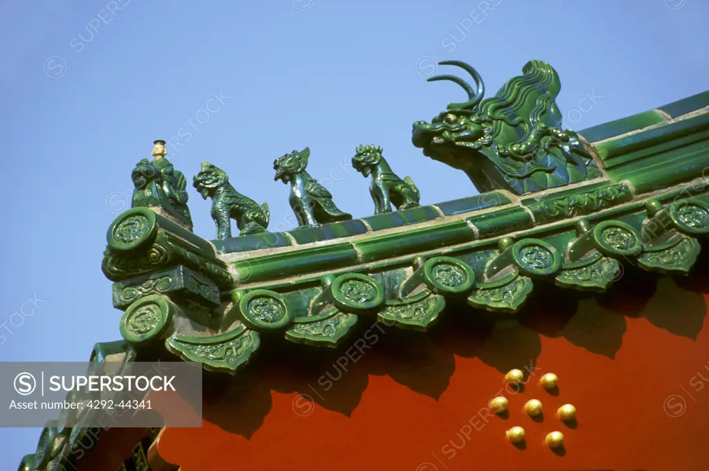 Detail of roof decoration. Chang Pu River Park. Beijing, China.