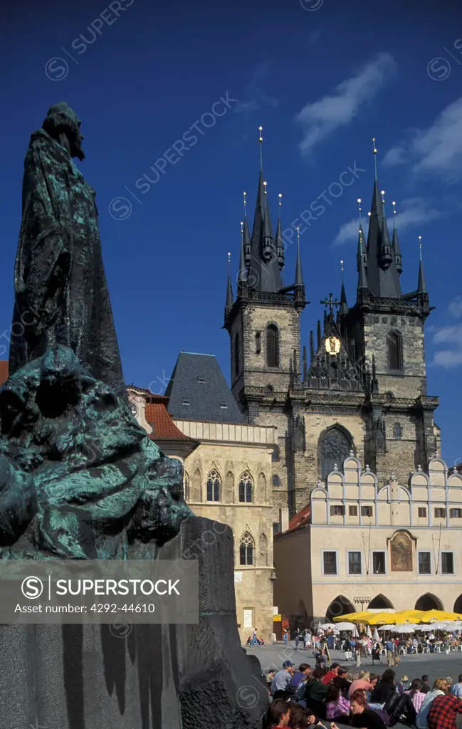 Czech Republic, Prague, The Old Town Square, The Tyn Church and Jan Hus monument