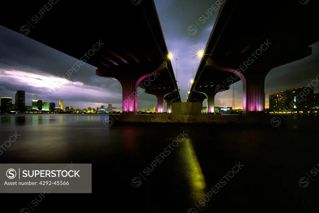 Watson Island Bridge and Miami Skyline.MacArthur Causeway and The Biscayne Bay.Miami. Florida. USA.
