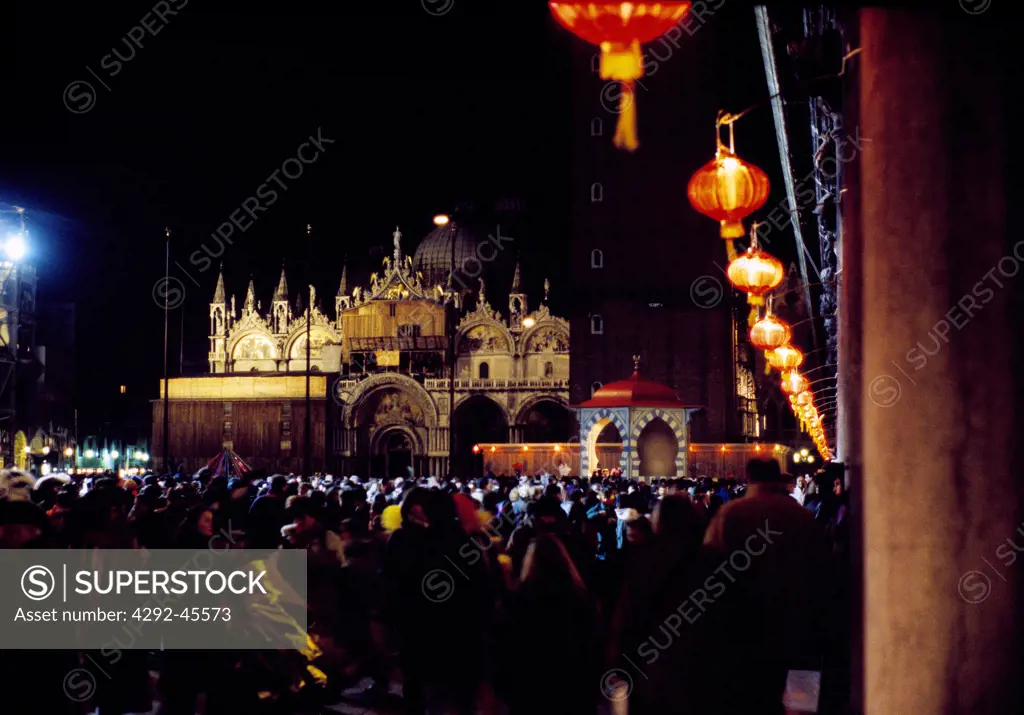 Piazza San Marco at nightime during the Carnival.Venice. Italy