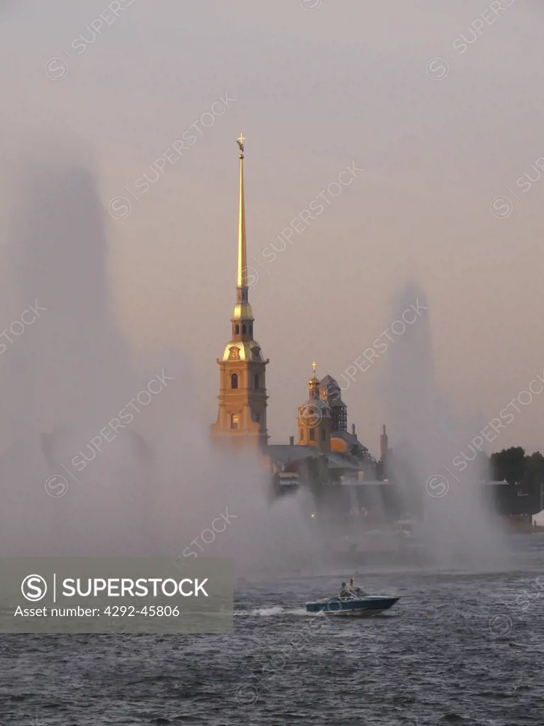 Music and Water Show, The Fountain and Peter&Paul Cathedral, Neva River, St.Petersburg, Russia