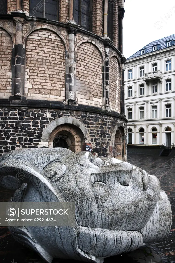 Europe, Germany, Bonn, sculptures depicting the heads of Saint Cassius Florentius in front of the Bonn Minster