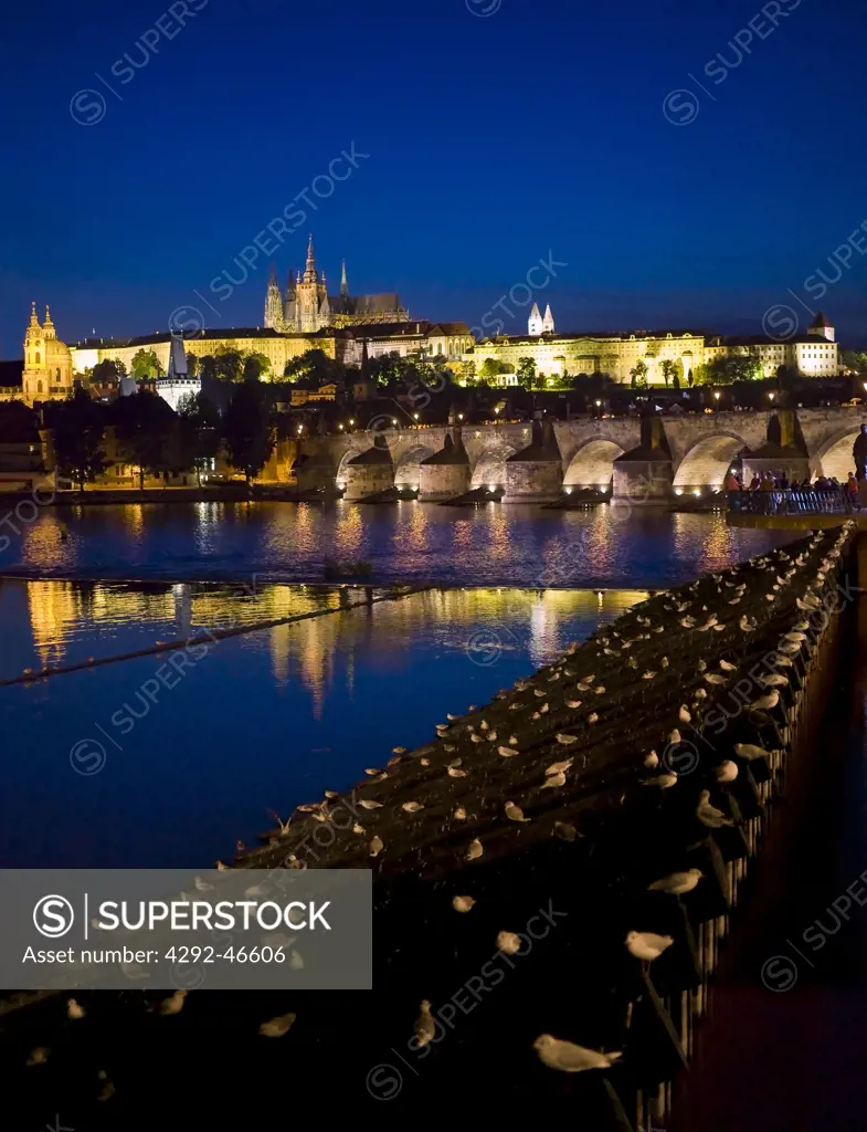 Czech Republic. Charles Bridge across the Vltava River illuminated at night with Hradcany Castle and St. Vitus Cathedral