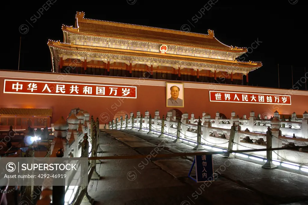 China, Beijing, Forbidden City entrance at night