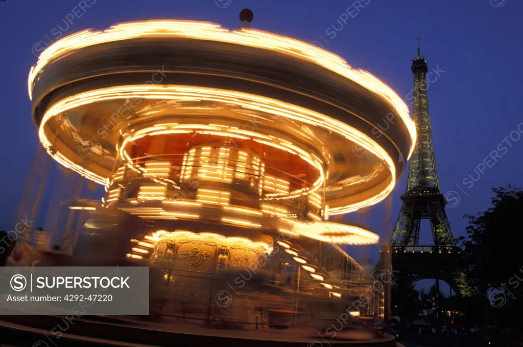 Europe, France, Paris, Eiffel Tower night, Carousel