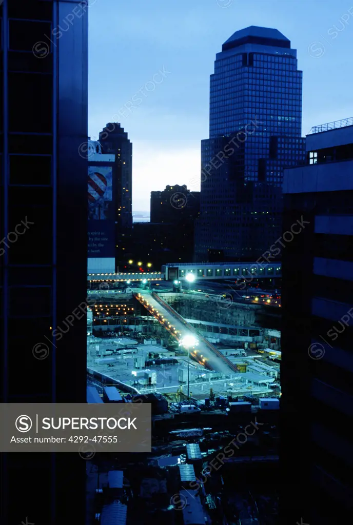 Ground Zero, construction area by night, New York, USA
