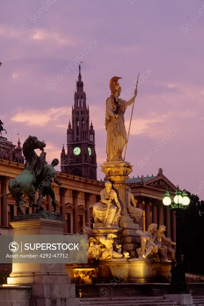 Austria, Vienna, Parliament Building, Athena Fountain by night