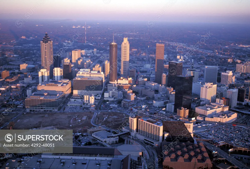 North America, USA, Georgia, Atlanta, aerial skyline at sunset