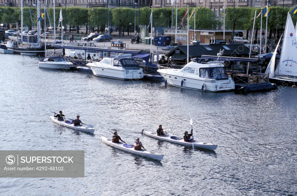 Europe, Sweden, Stockholm, Kayaks in canal