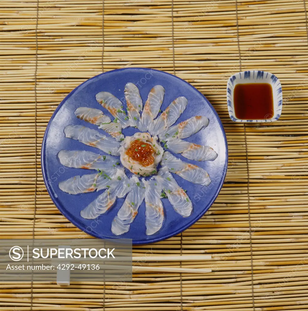 Japanese cuisine: Usu-zukuri, sliced raw fish and tobiko caviar