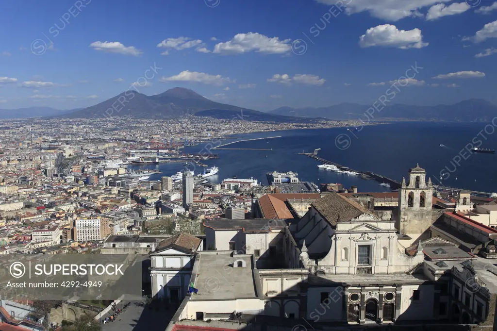 Italy, Campania, Naples, Cityscape and Vesuvius Volcano
