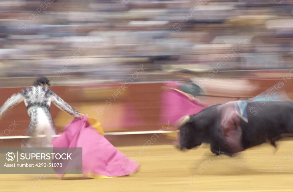 Spain, Seville, Matador (Torero) and bull during a bullfight in La Meatsranza Arena, Motion blur