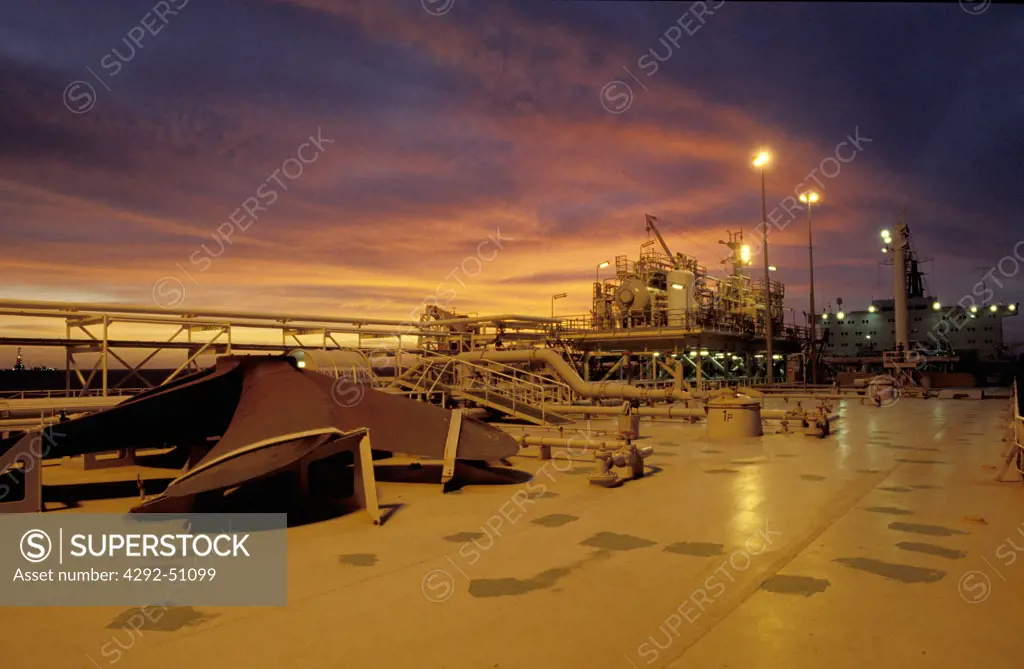 Deck of oil tanker at dusk