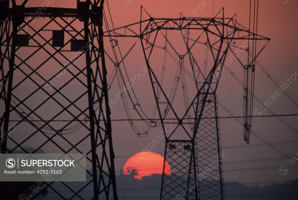 Italy, Tuscany, Power Lines at Sunset