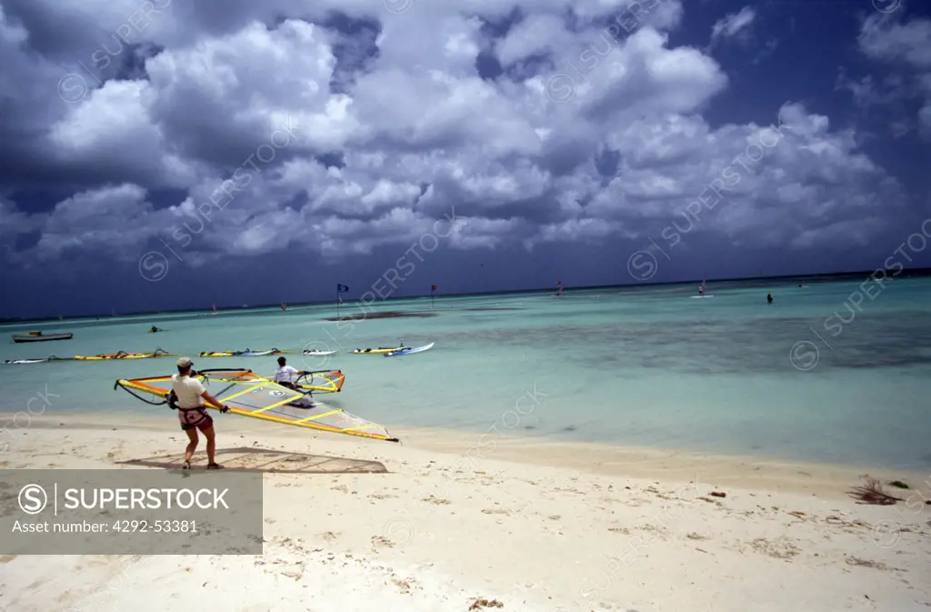 Oranjestad, Aruba Island, windsurfing at Malmok beach