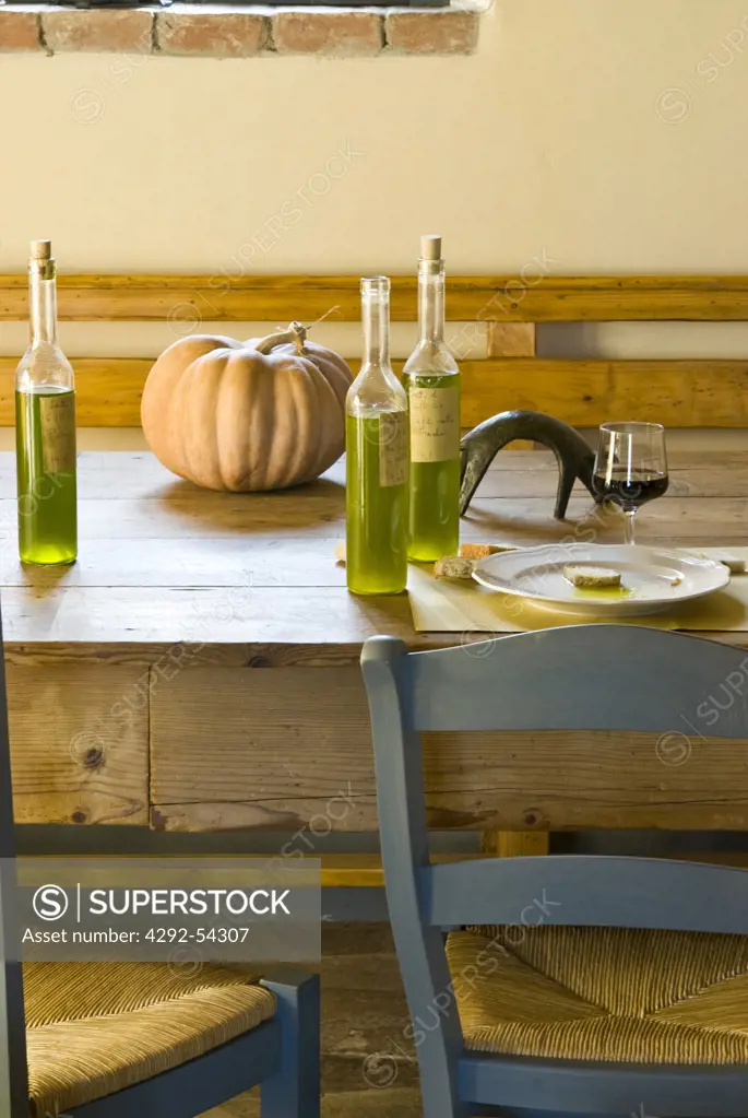 Olive oil bottles on a table