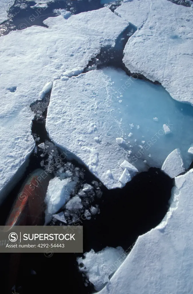 Detail of a ship'sbow breaking pack-ice, Spitsbergen, Norway