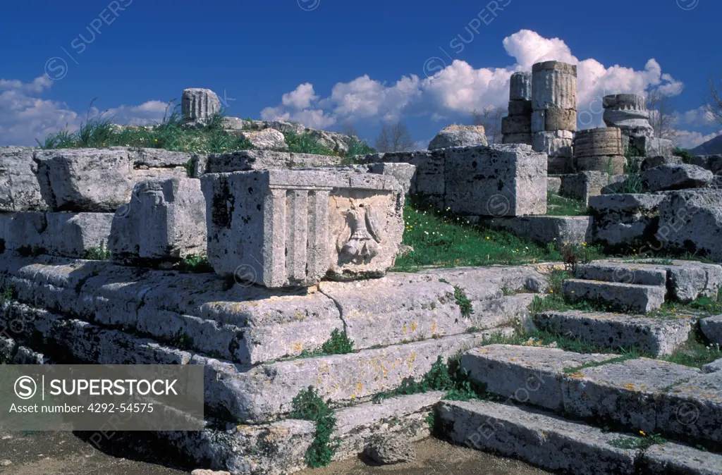 Italy, Campania, Paestum. Metope and ruins